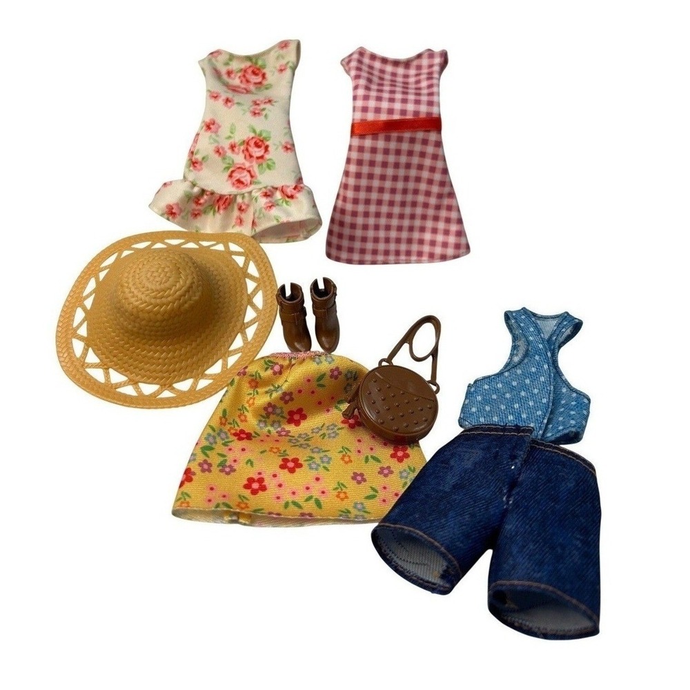 Mixed Fashion Doll Clothes Accessories Lot Floral Gingham Denim Outfits Hat Boot